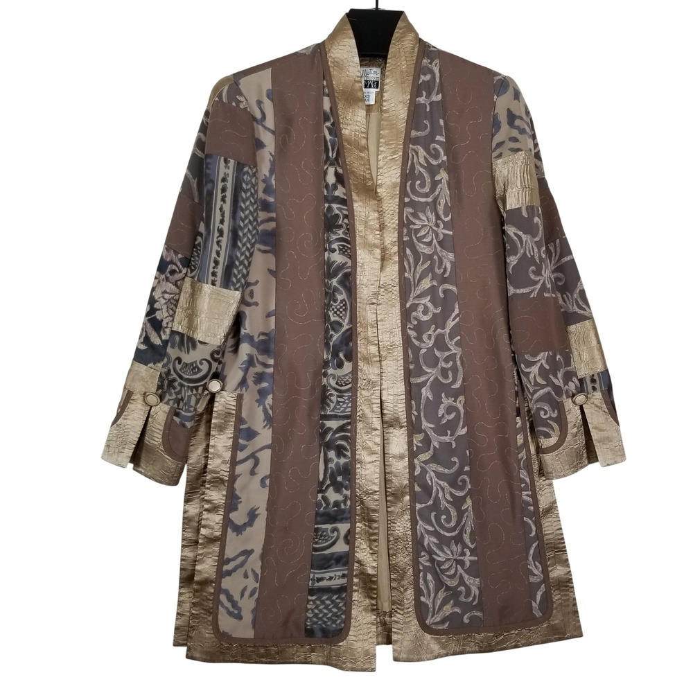 Jeanne Marc Duster Jacket Womens XS Gold Brown Patchwork Art to Wear‎ Metallic
